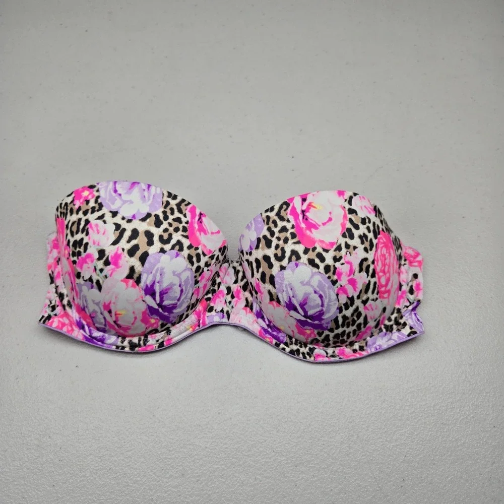 PINK Victoria Secret Women Bra 32C Purple Push Up Floral Animal Print Strapless